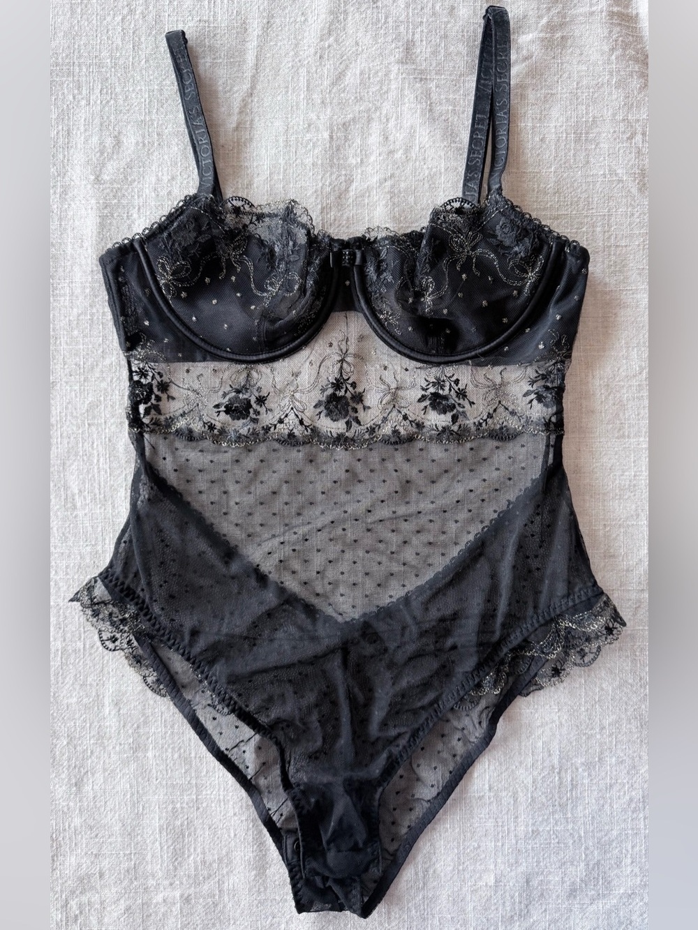 Victoria’s Secret Black Gold Lace Mesh Teddy Bodysuit M/L